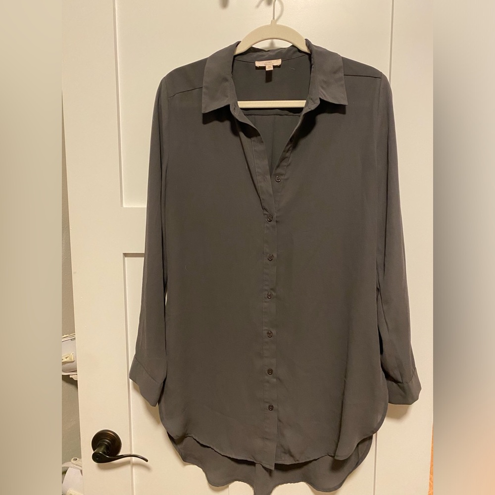 Long grey gauzy button down